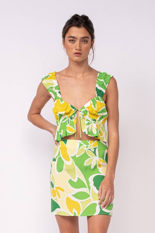 FLORAL WIDE STRAP RUFFLE CROP TOP & MINI SKIRT SET