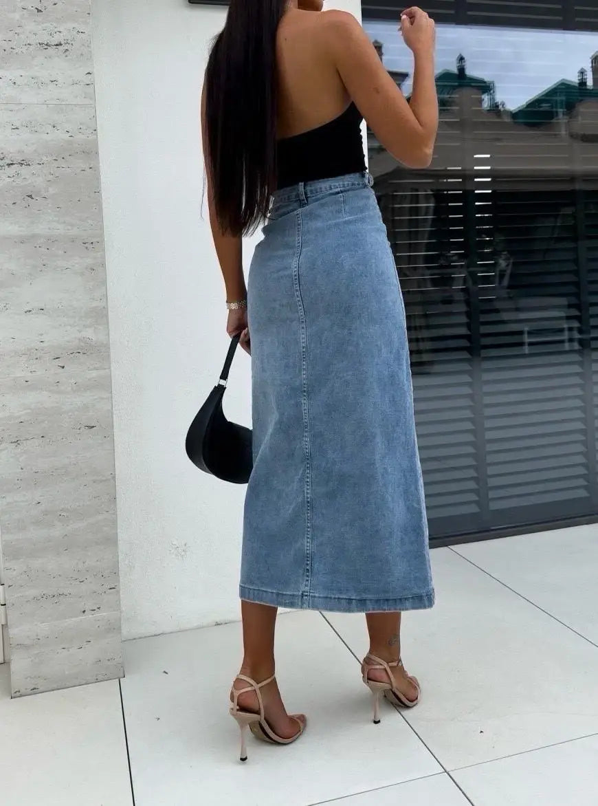Long denim skirt with buttons