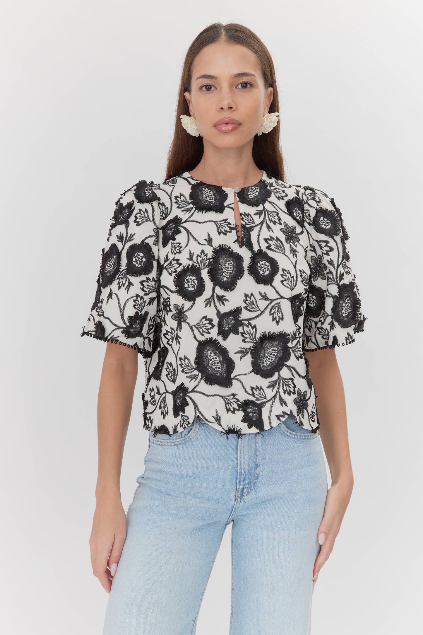 Darby 3D Embroidered Scalloped Hem Blouse