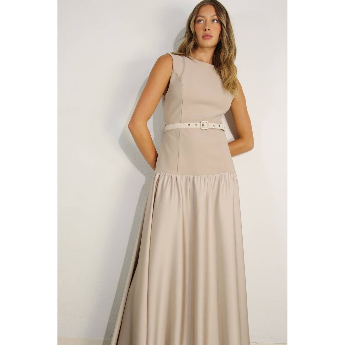 MIXED FABRIC BELTED MAXI DRESS