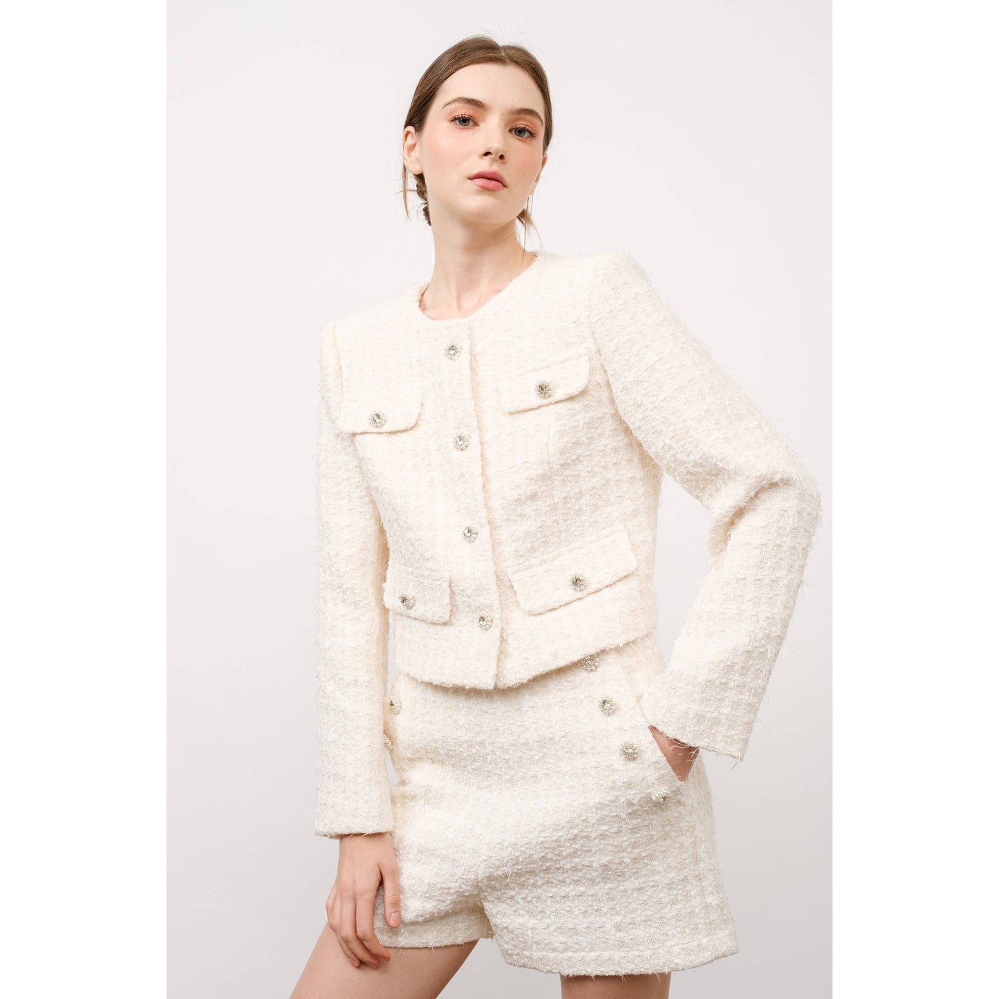 Textured Tweed Jeweled Button Crop Jacket