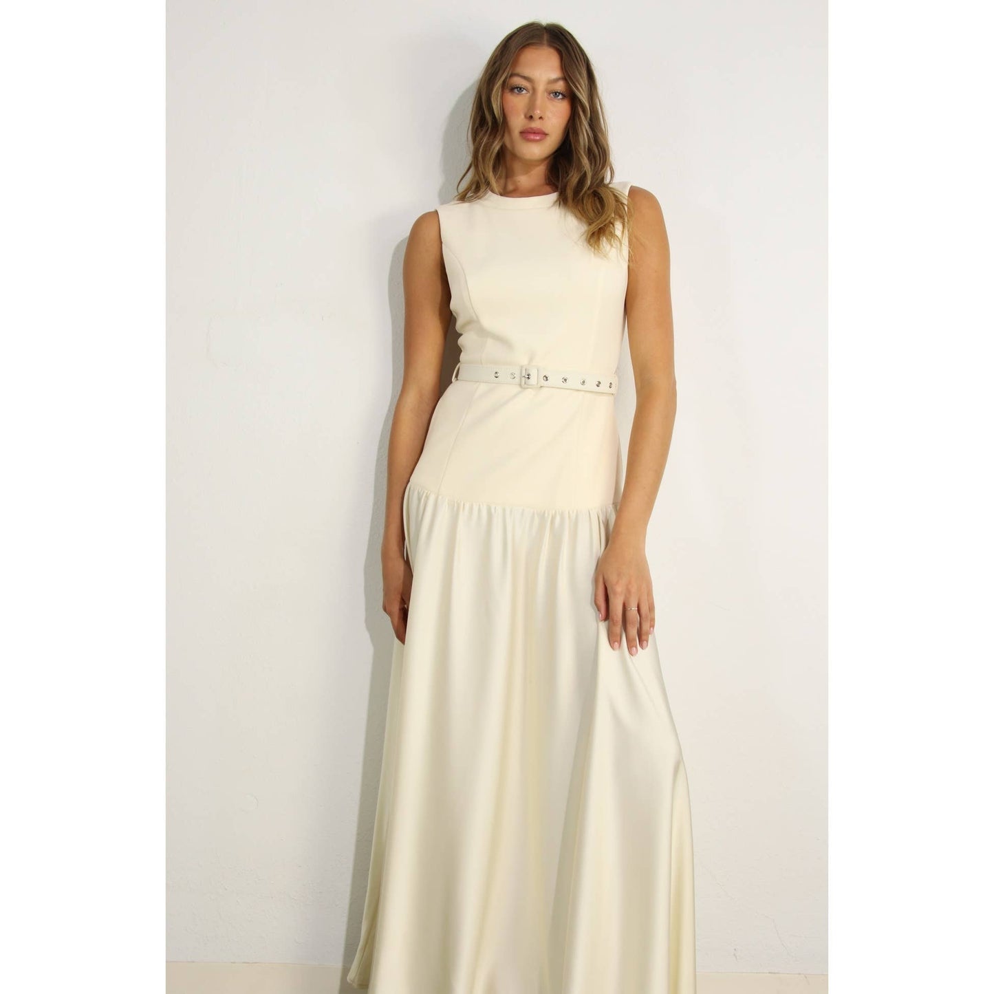MIXED FABRIC BELTED MAXI DRESS