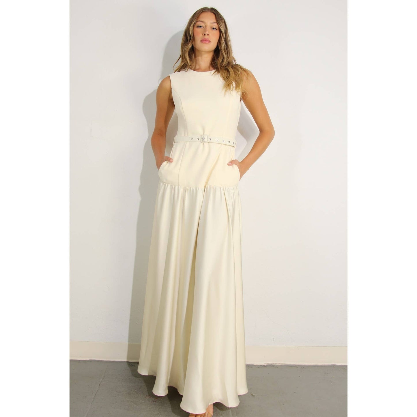 MIXED FABRIC BELTED MAXI DRESS