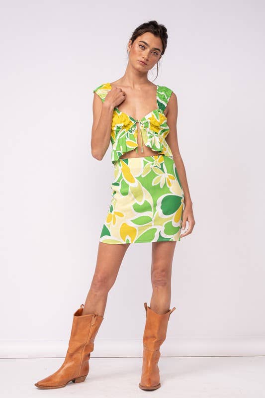 FLORAL WIDE STRAP RUFFLE CROP TOP & MINI SKIRT SET