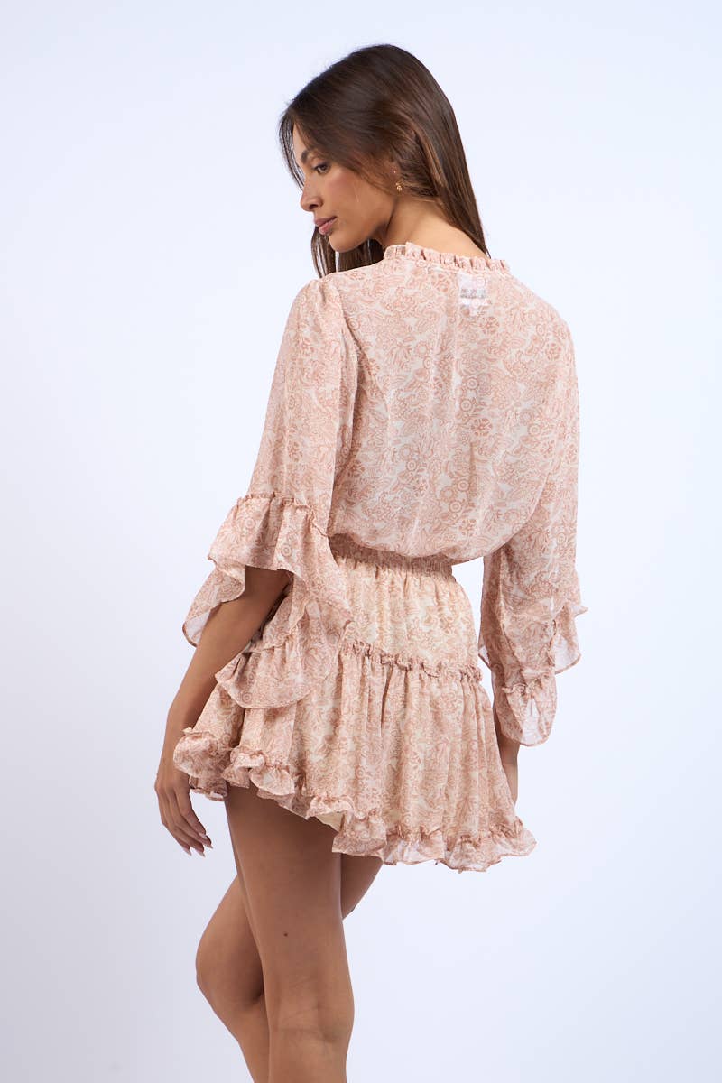 CANTALOUPE FLARE SLEEVE RUFFLE TIERED MINI DRESS