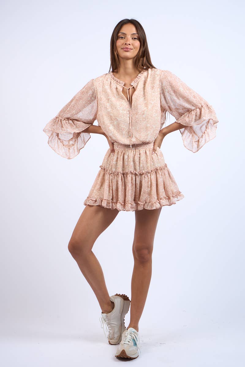 CANTALOUPE FLARE SLEEVE RUFFLE TIERED MINI DRESS