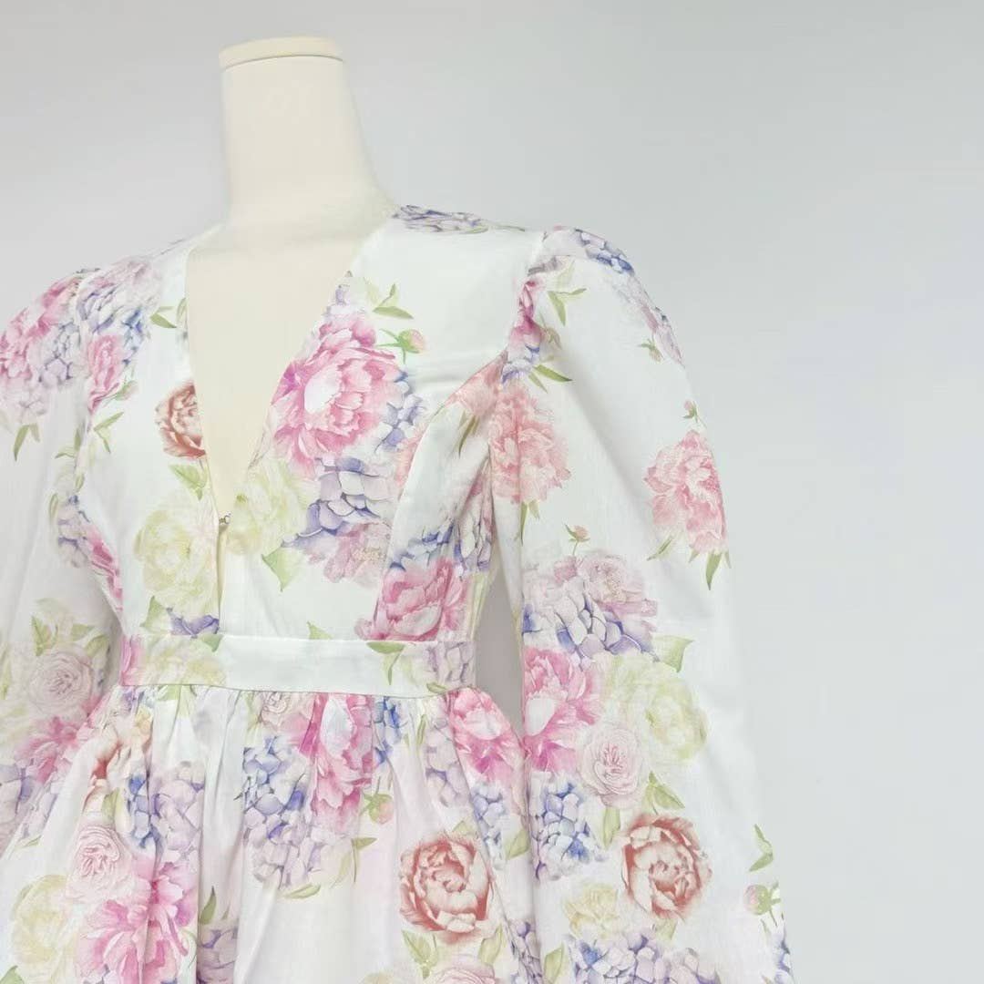 Camila Lantern Sleeve Floral Print Short Dress