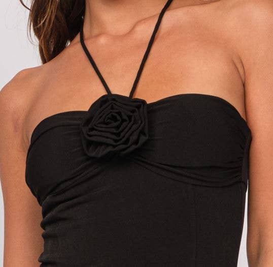 HALTER NECK FLOWER BROCHE POINT MIDI DRESS