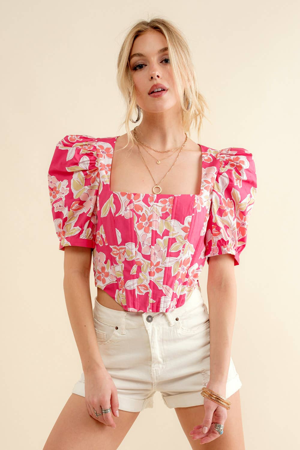 Poppi Cotton Tropical Floral Print Smocked Top