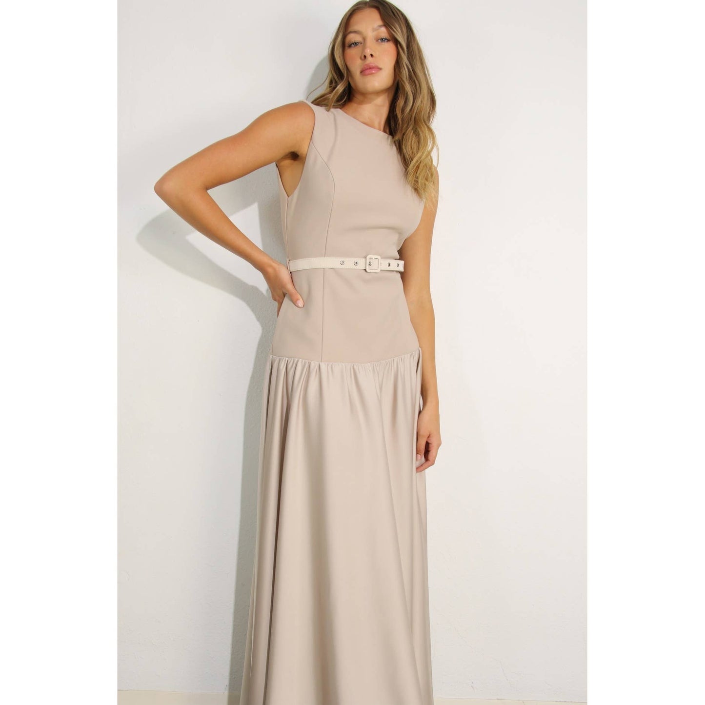MIXED FABRIC BELTED MAXI DRESS