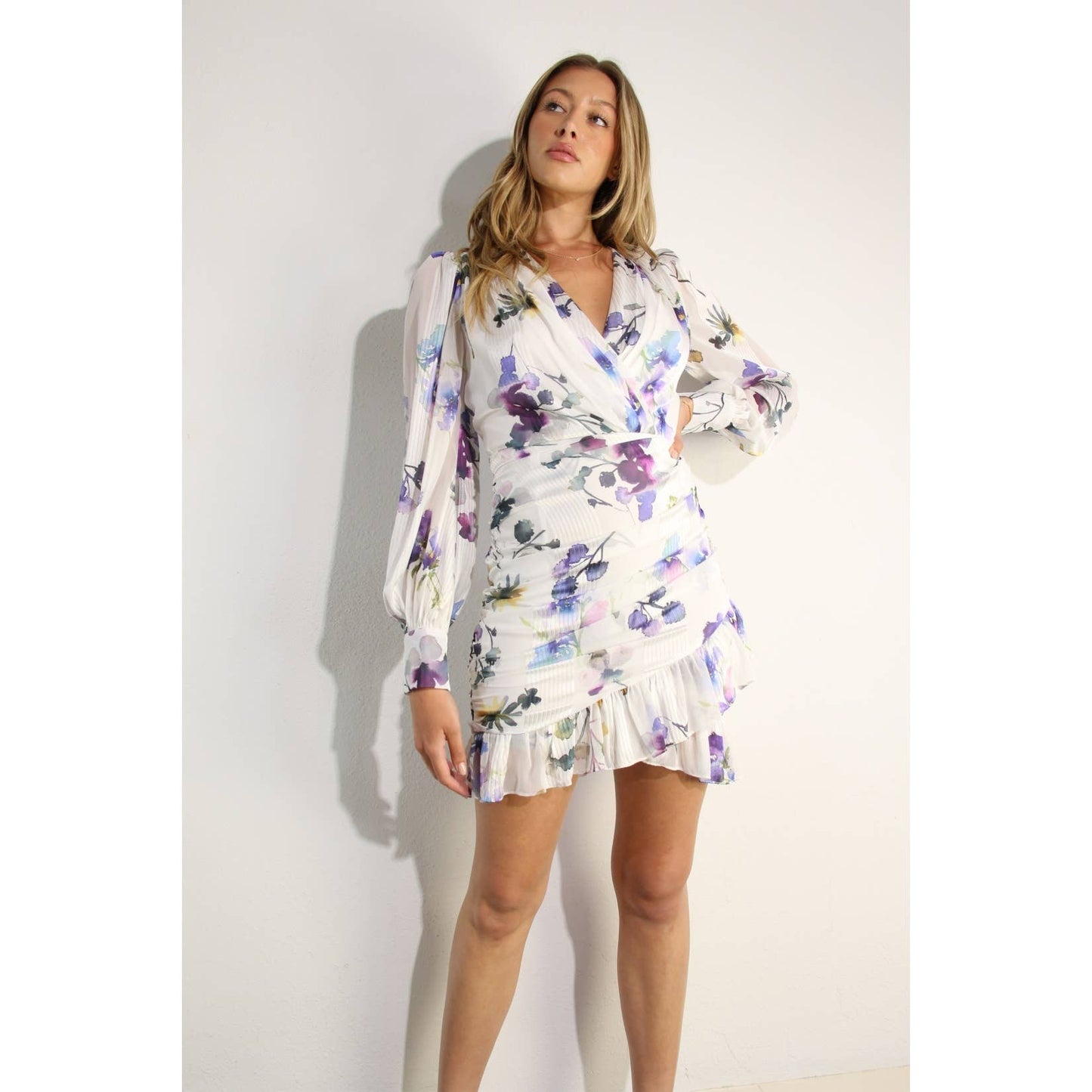 FLORAL RUCHED MINI DRESS