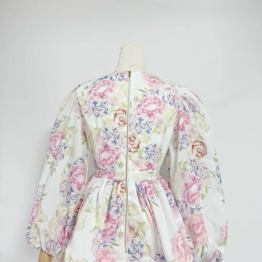 Camila Lantern Sleeve Floral Print Short Dress