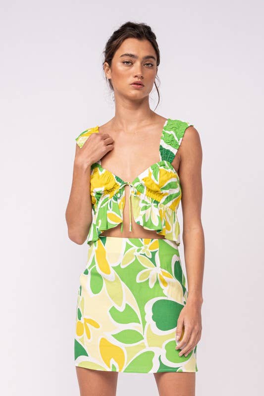 FLORAL WIDE STRAP RUFFLE CROP TOP & MINI SKIRT SET
