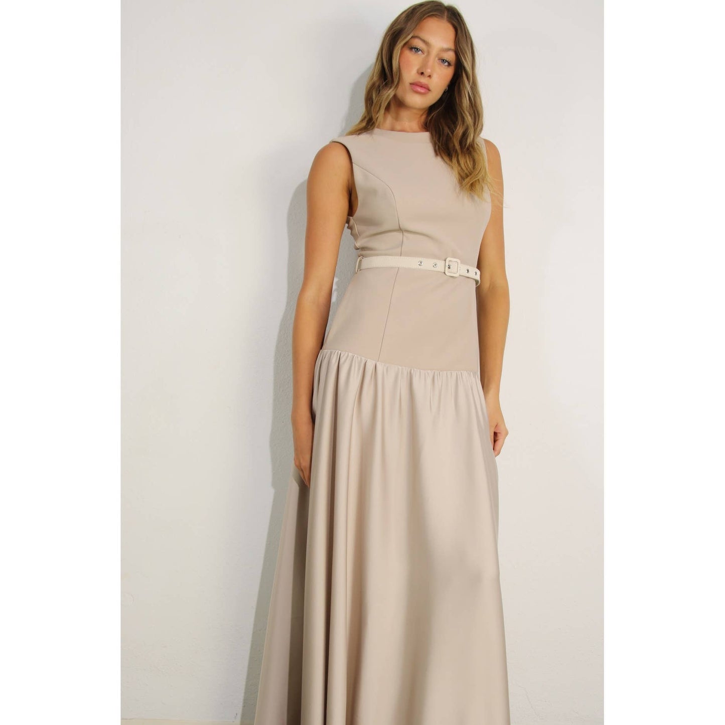 MIXED FABRIC BELTED MAXI DRESS