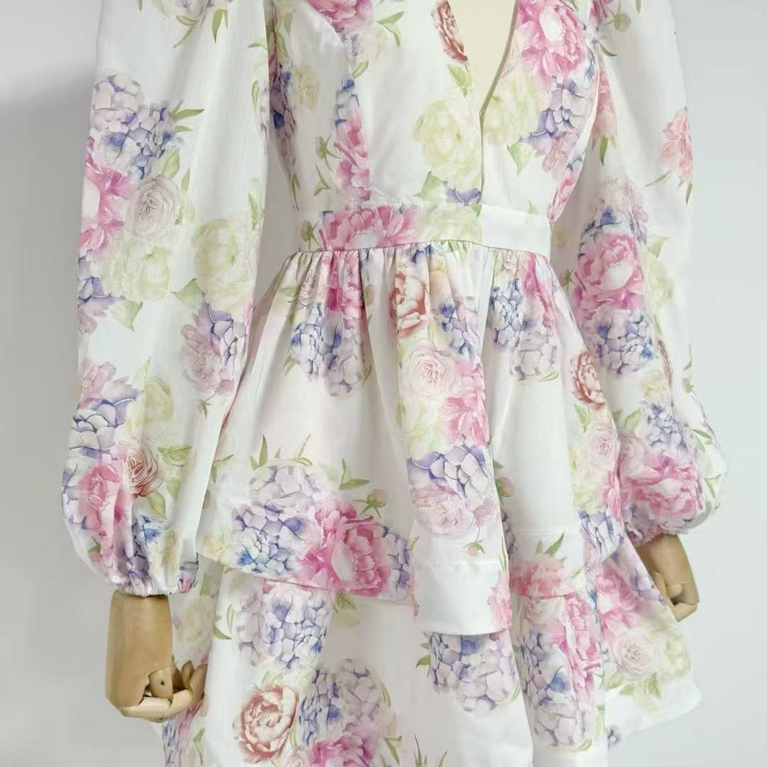 Camila Lantern Sleeve Floral Print Short Dress