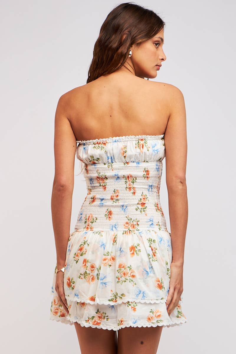 FLORAL RIBBON PRINT LAYERED TUBE MINI DRESS