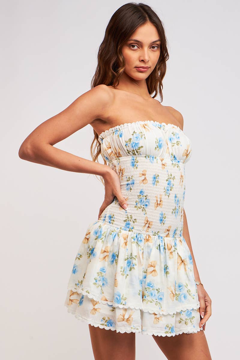 FLORAL RIBBON PRINT LAYERED TUBE MINI DRESS