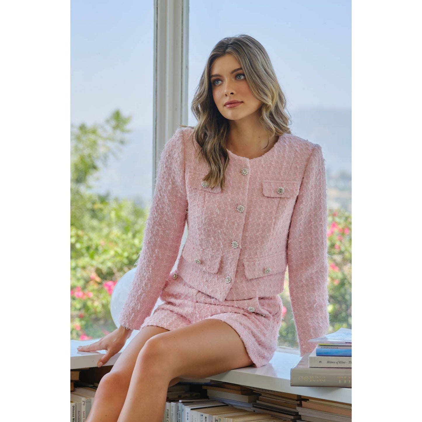 Textured Tweed Jeweled Button Crop Jacket