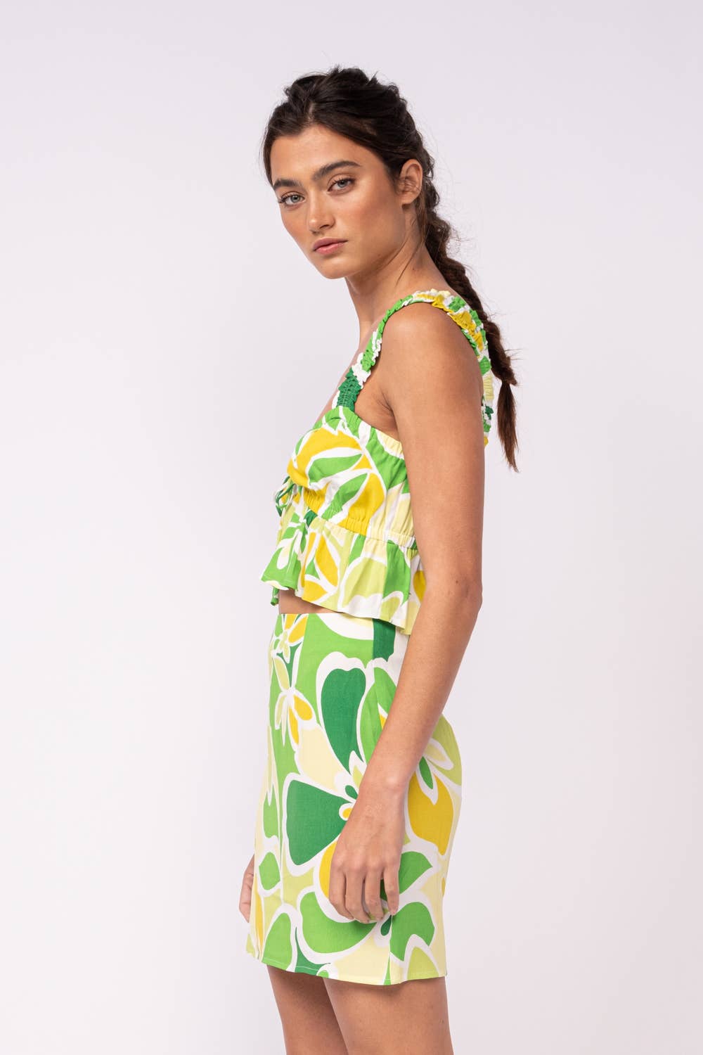 FLORAL WIDE STRAP RUFFLE CROP TOP & MINI SKIRT SET