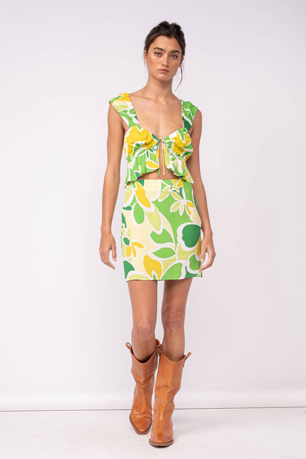 FLORAL WIDE STRAP RUFFLE CROP TOP & MINI SKIRT SET
