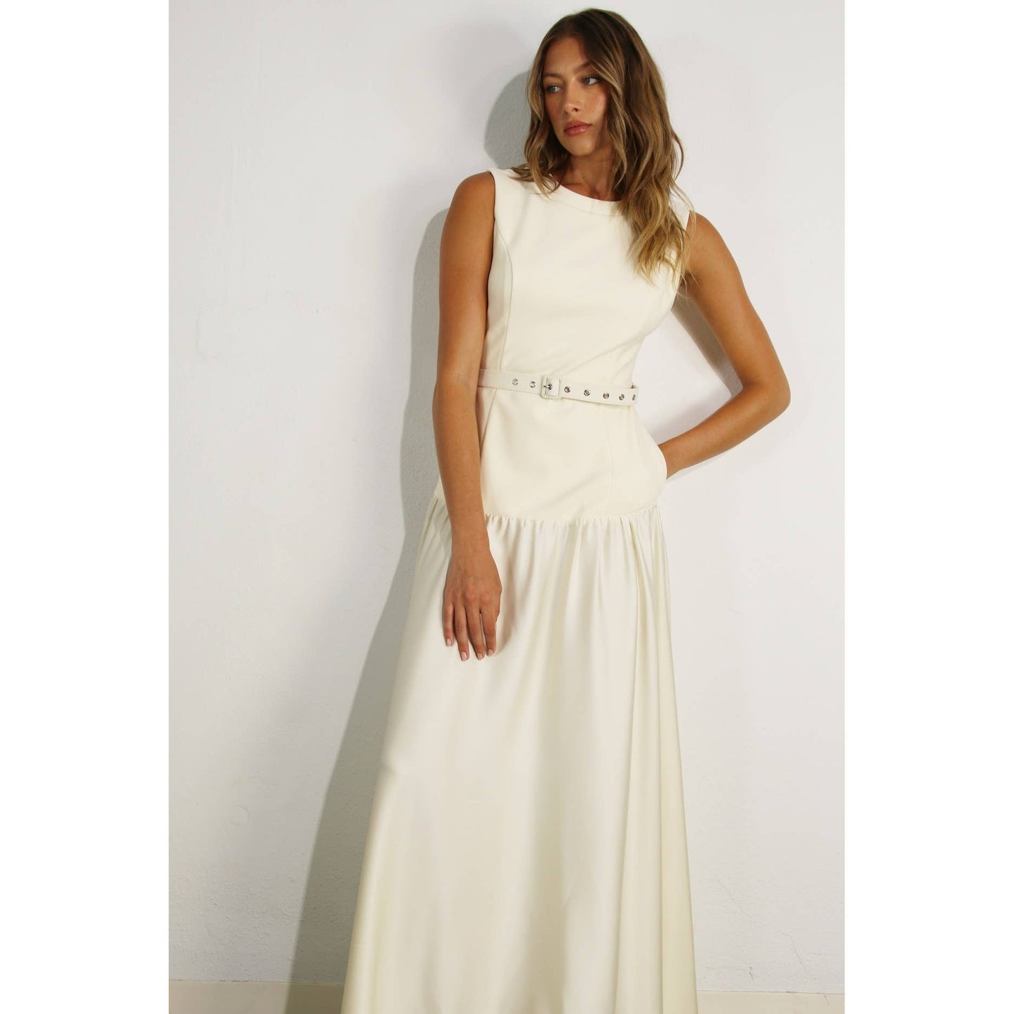 MIXED FABRIC BELTED MAXI DRESS