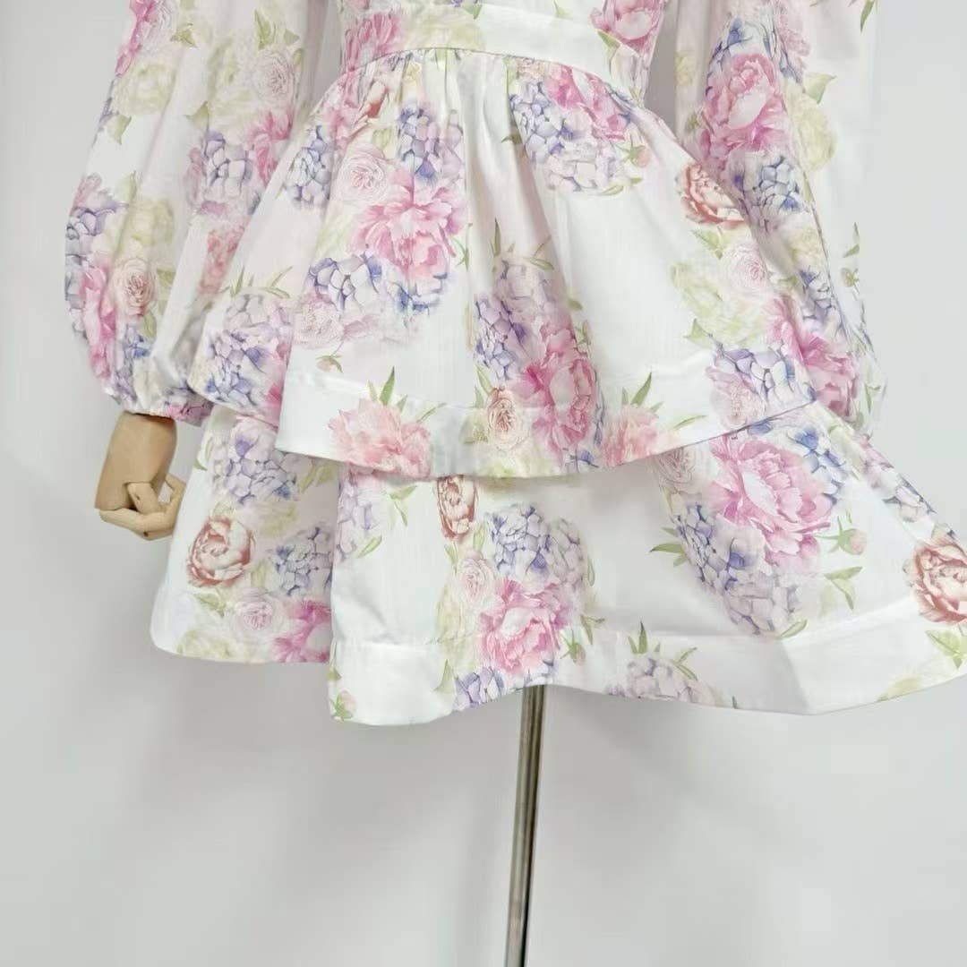 Camila Lantern Sleeve Floral Print Short Dress