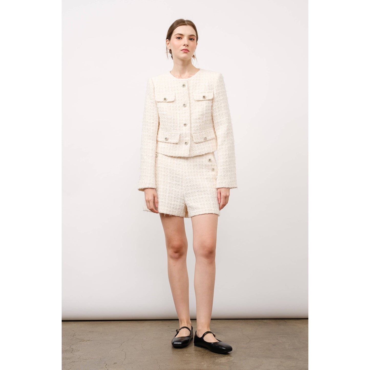 Textured Tweed Jeweled Button Crop Jacket