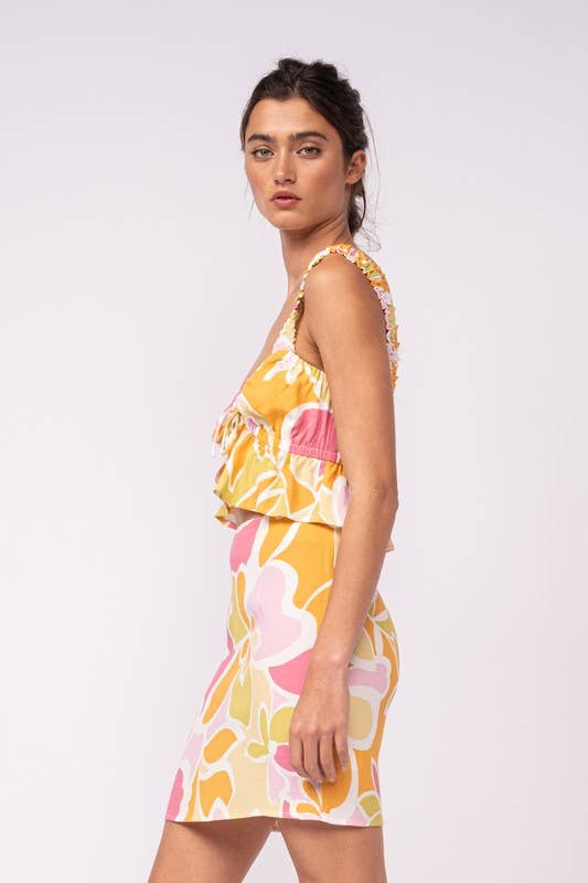 FLORAL WIDE STRAP RUFFLE CROP TOP & MINI SKIRT SET