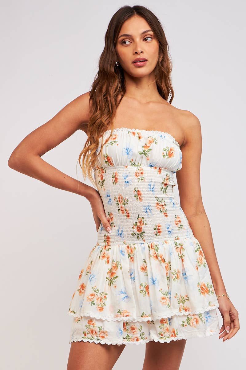 FLORAL RIBBON PRINT LAYERED TUBE MINI DRESS