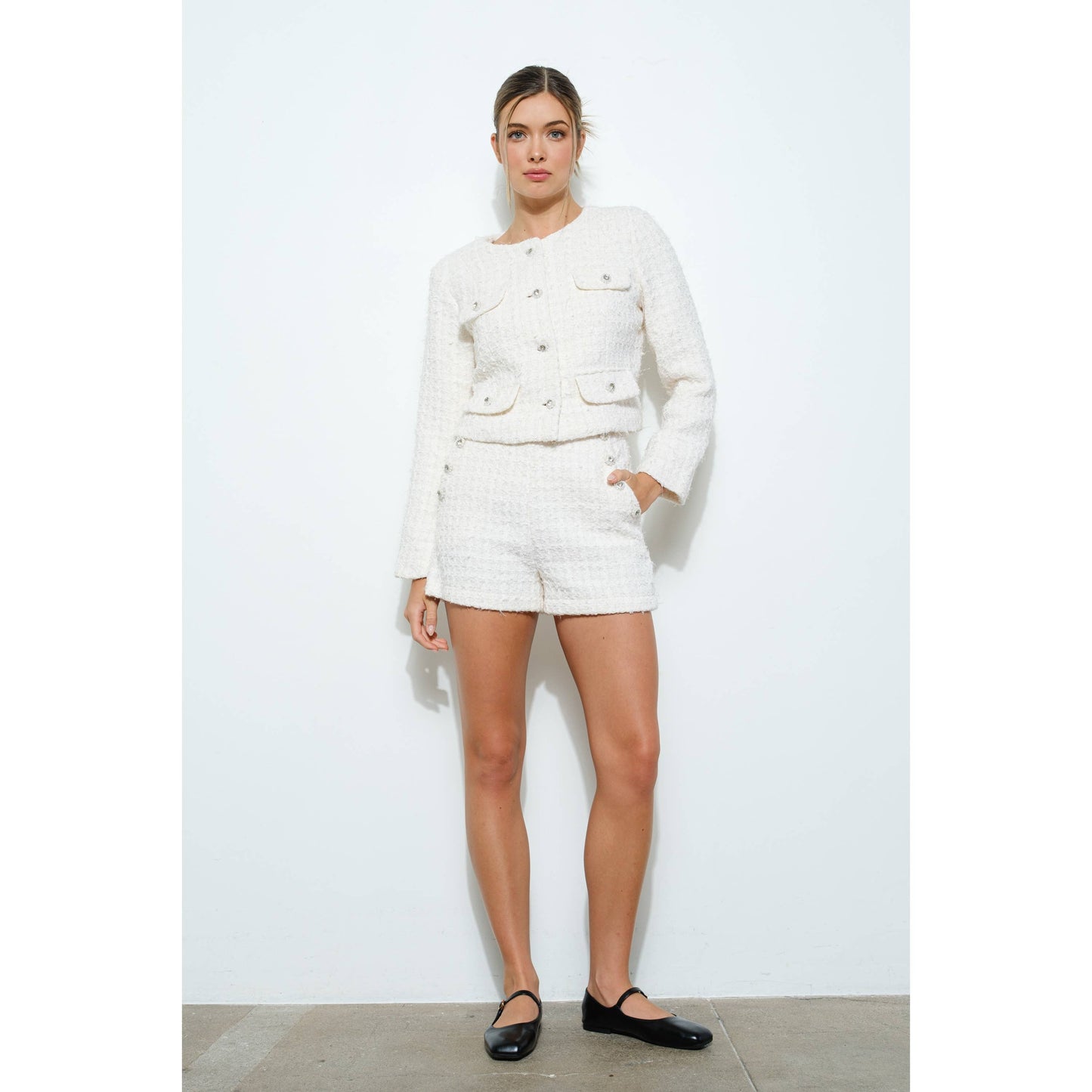 Textured Tweed Jeweled Button Crop Jacket