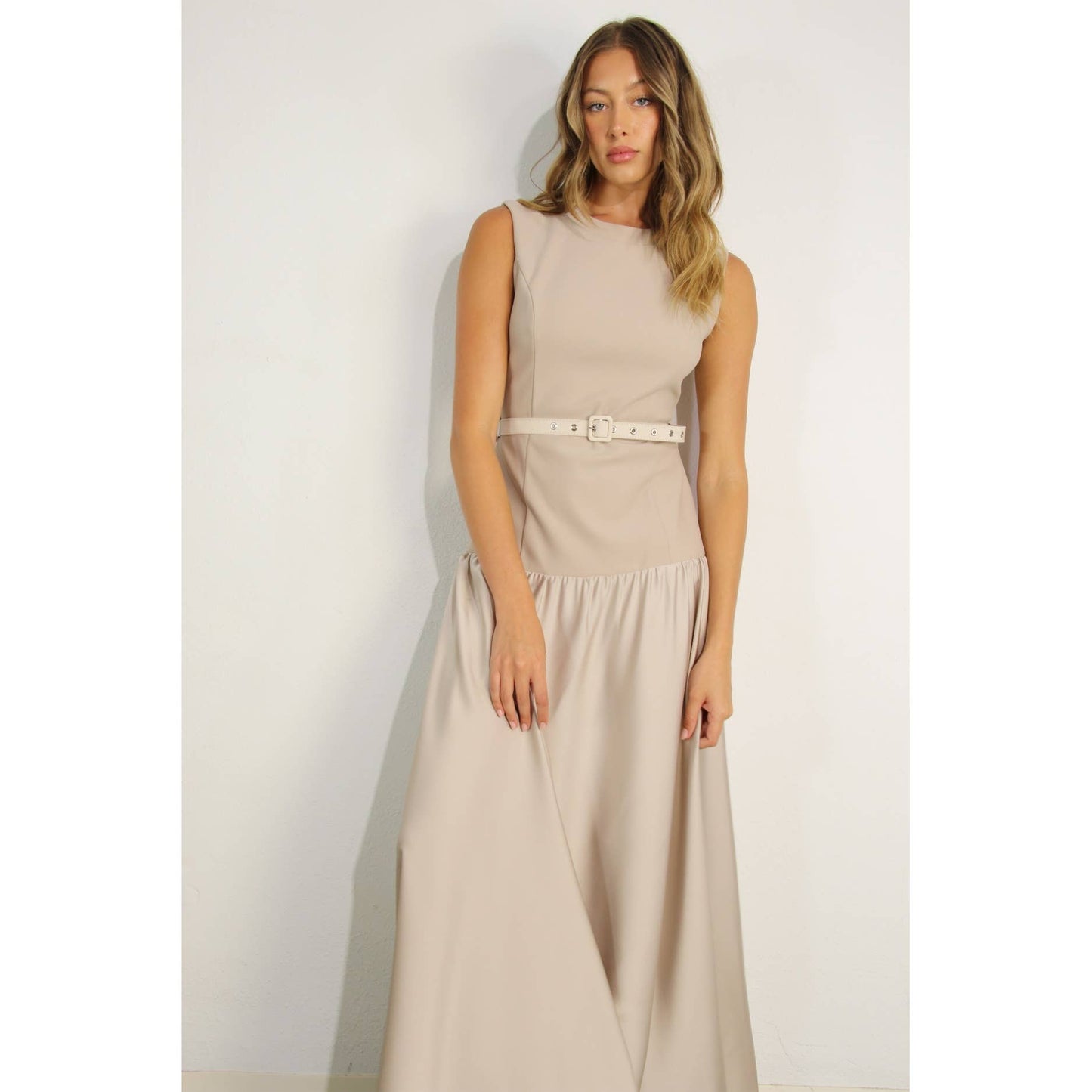 MIXED FABRIC BELTED MAXI DRESS