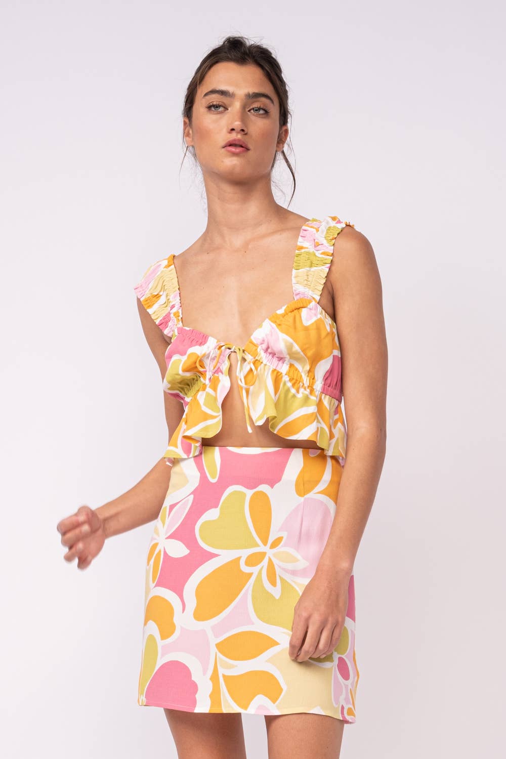 FLORAL WIDE STRAP RUFFLE CROP TOP & MINI SKIRT SET