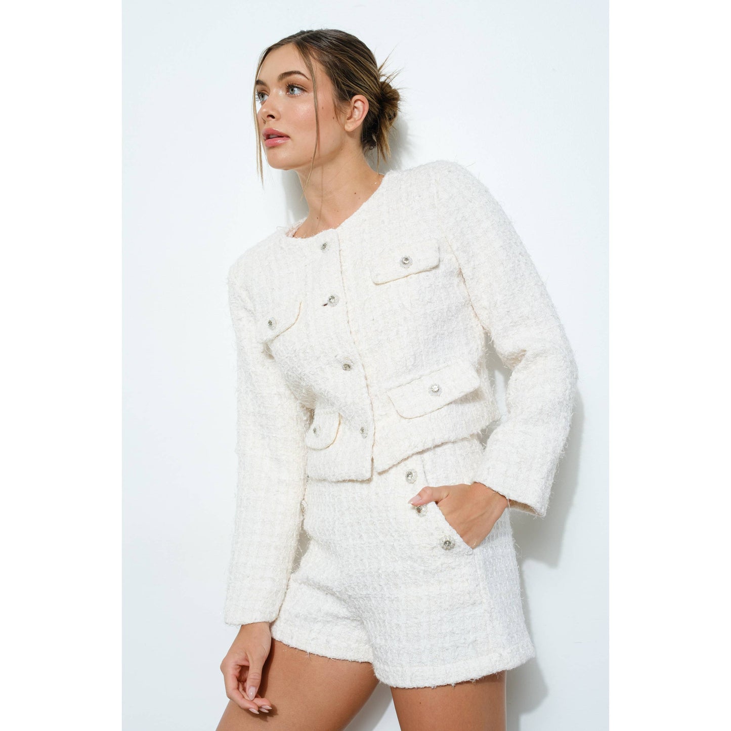 Textured Tweed Jeweled Button Crop Jacket