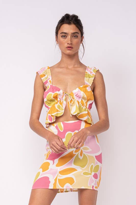 FLORAL WIDE STRAP RUFFLE CROP TOP & MINI SKIRT SET