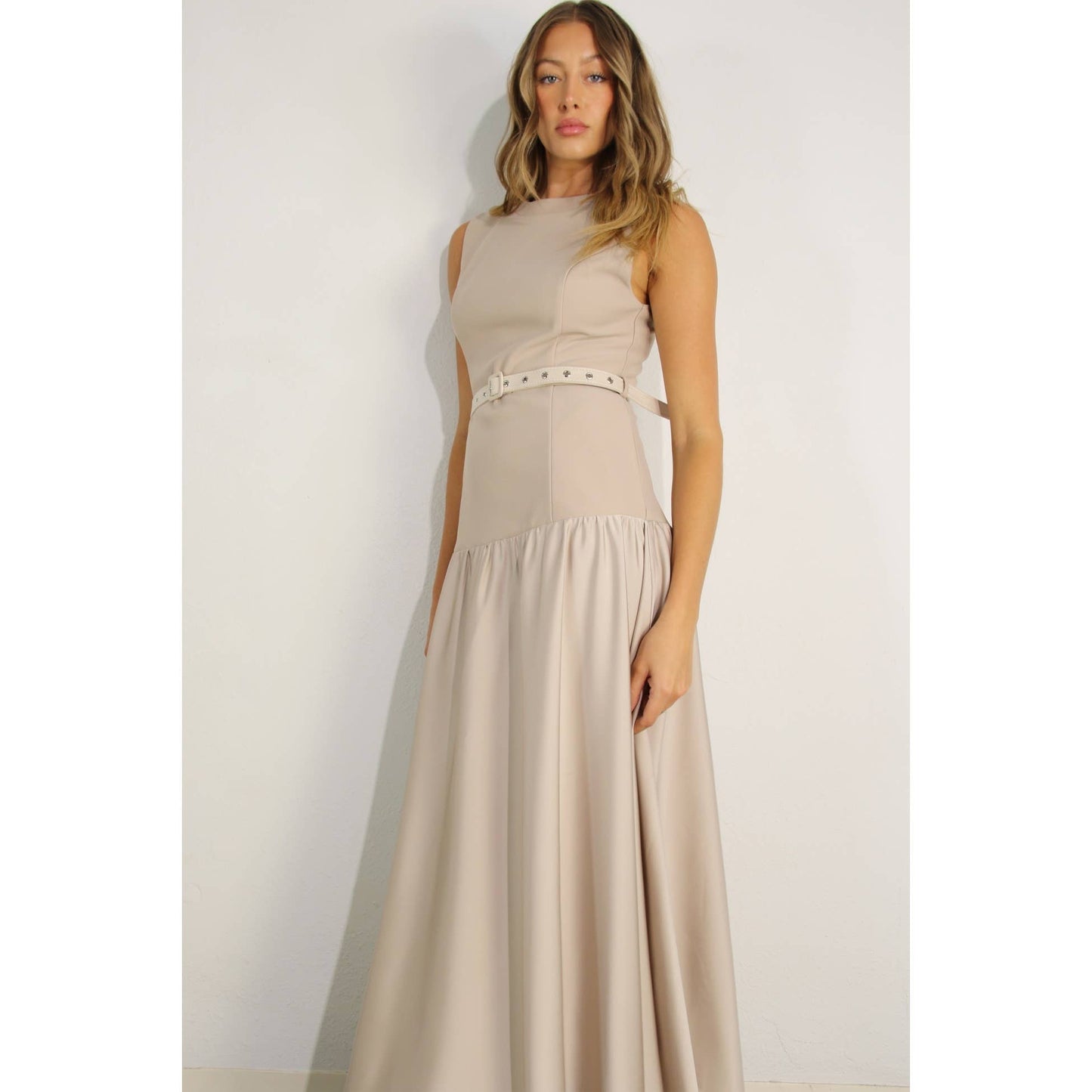 MIXED FABRIC BELTED MAXI DRESS