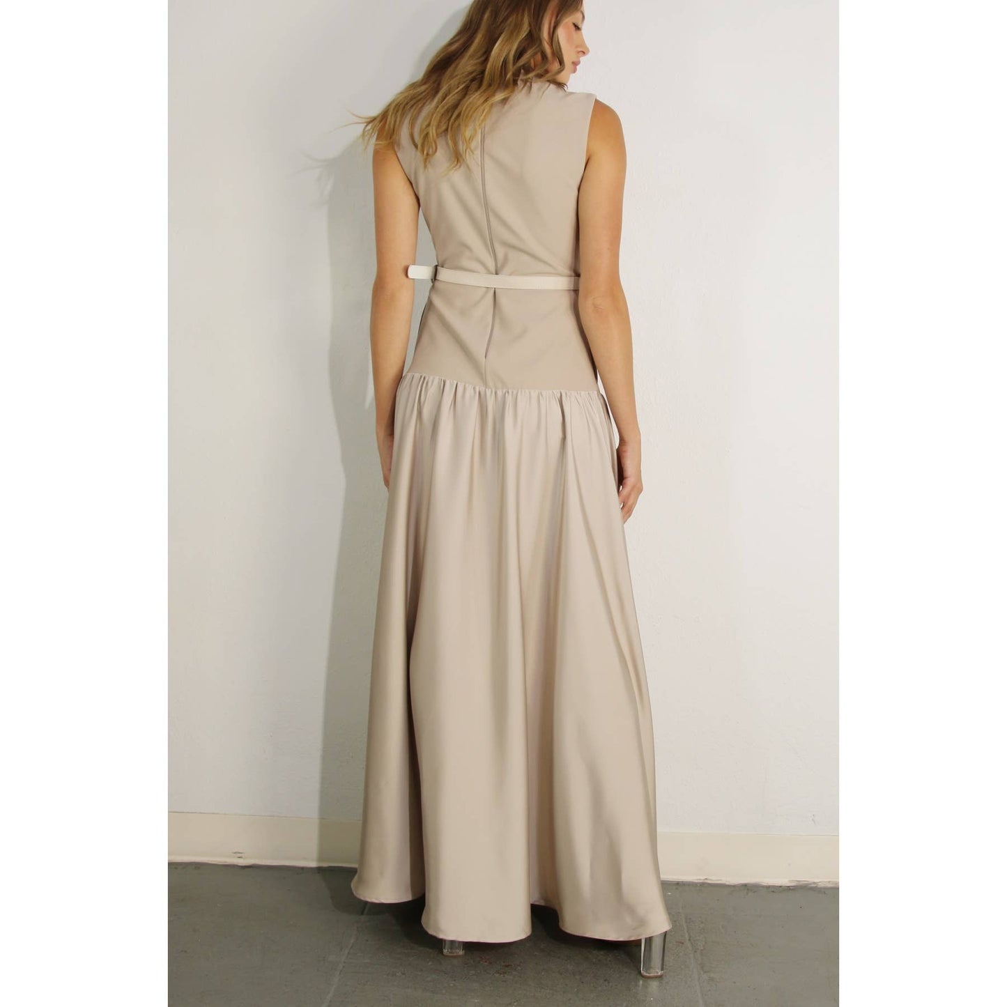 MIXED FABRIC BELTED MAXI DRESS