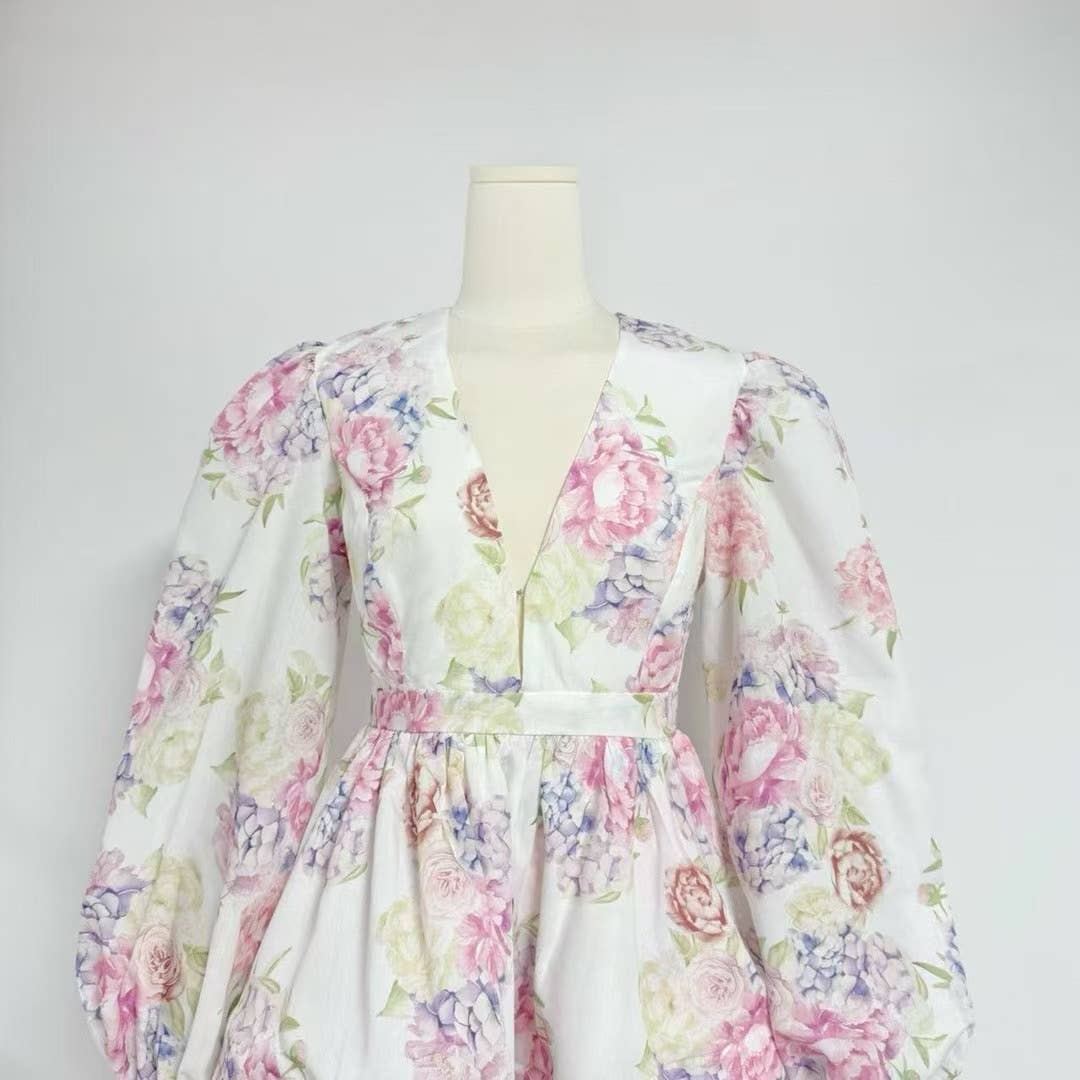 Camila Lantern Sleeve Floral Print Short Dress