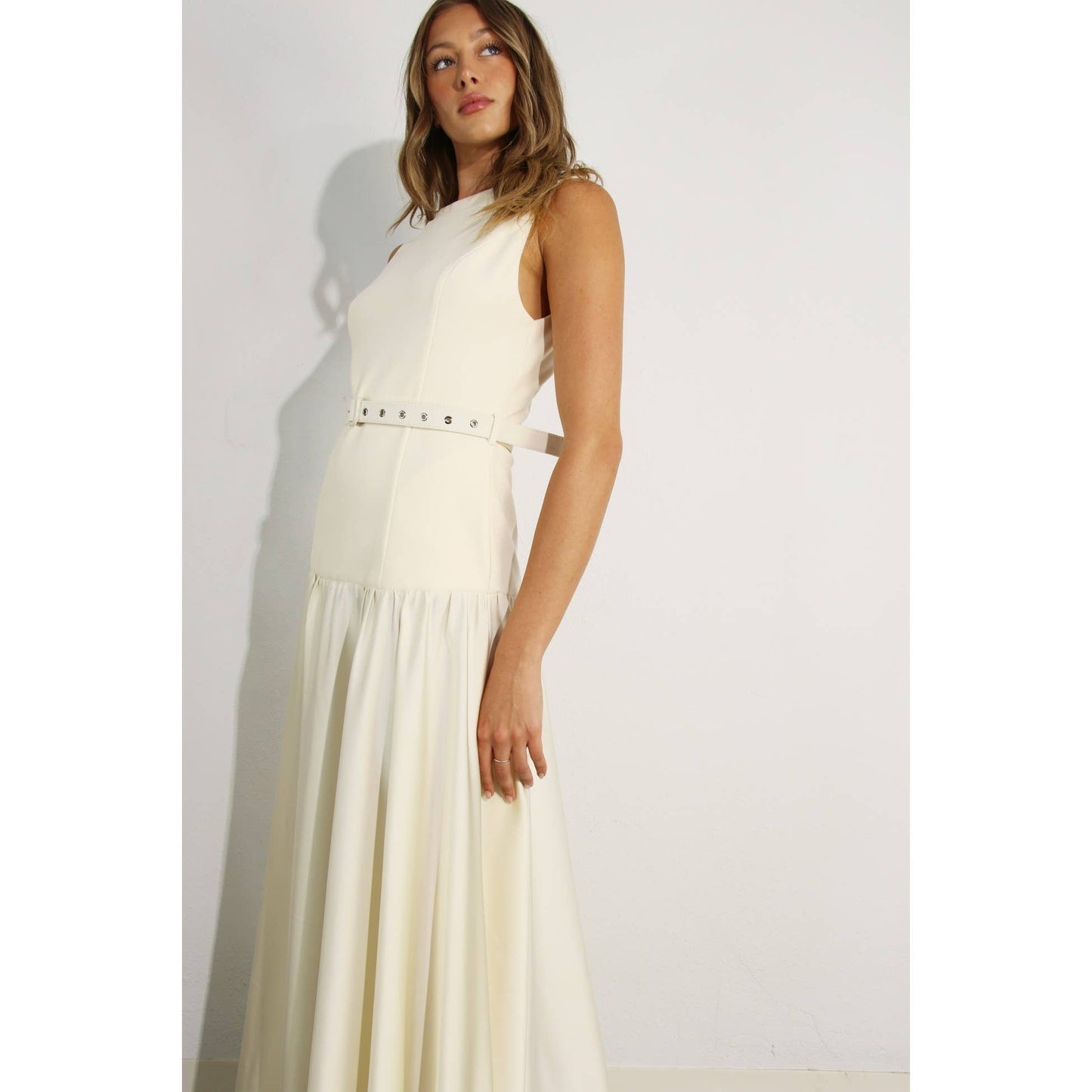 MIXED FABRIC BELTED MAXI DRESS