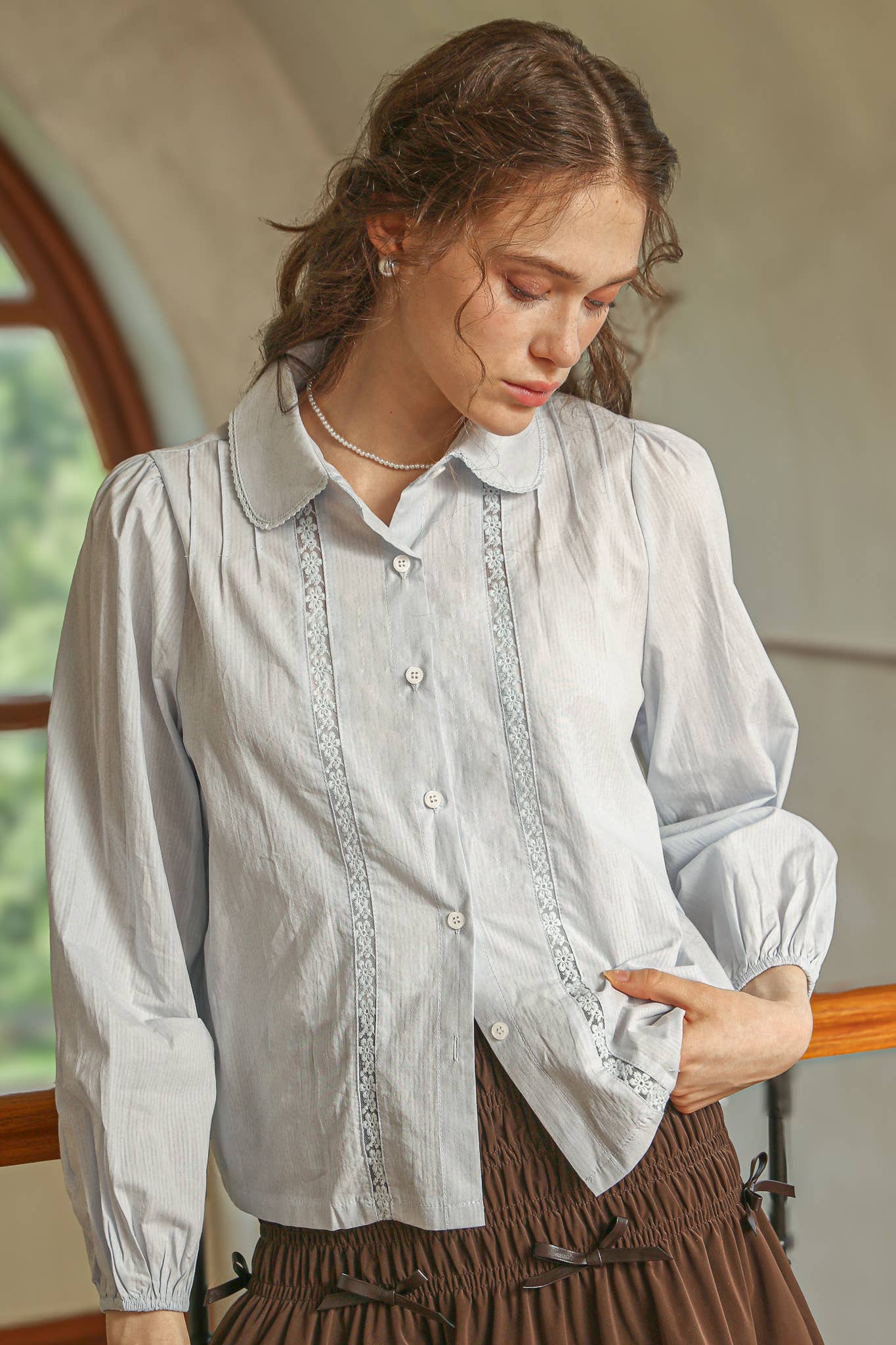 Powder Blue Lace Collar Blouse
