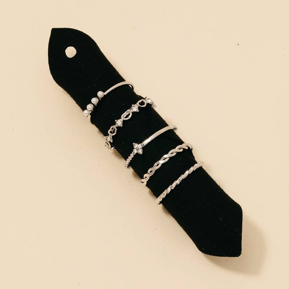 Mini Pearl And Rhinestone Studded Mixed Band Rings Set