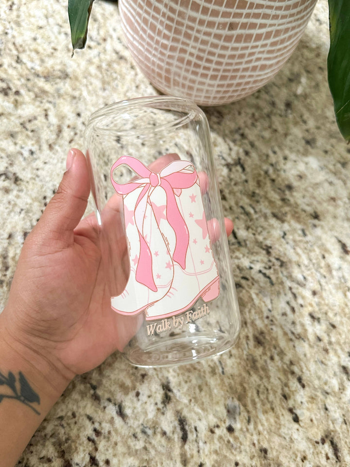 Walk by faith glass cup with lid and straw