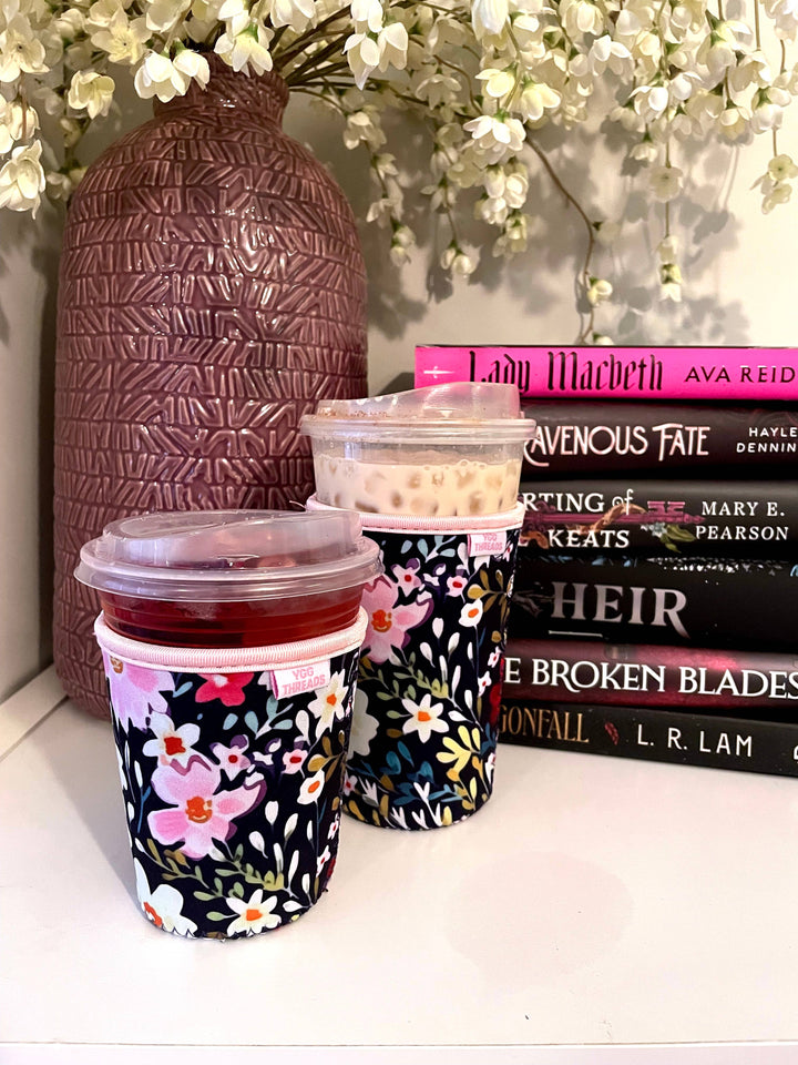 Navy Floral Iced Coffee Drink Sleeve- Medium