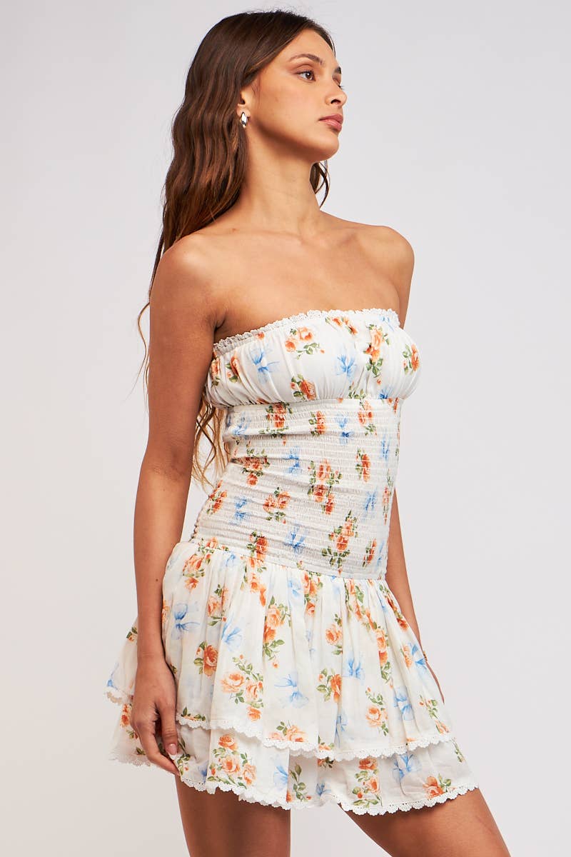 FLORAL RIBBON PRINT LAYERED TUBE MINI DRESS