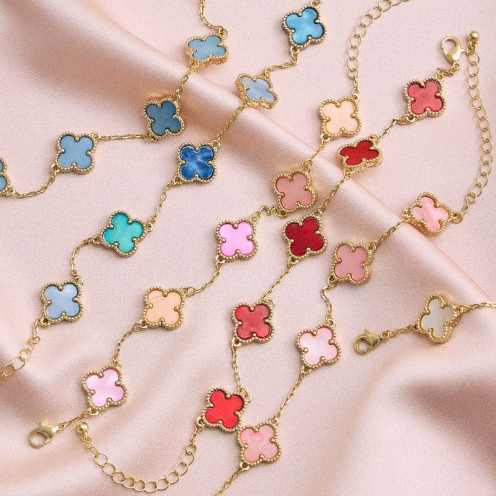 Gold Mother of Pearl Clover Bracelet & Necklace – Elegant Four-Leaf Clover Jewelry