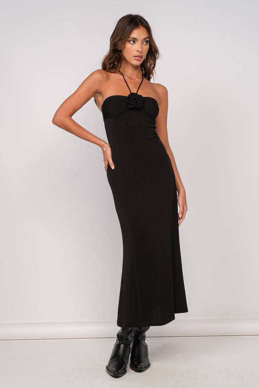 HALTER NECK FLOWER BROCHE POINT MIDI DRESS