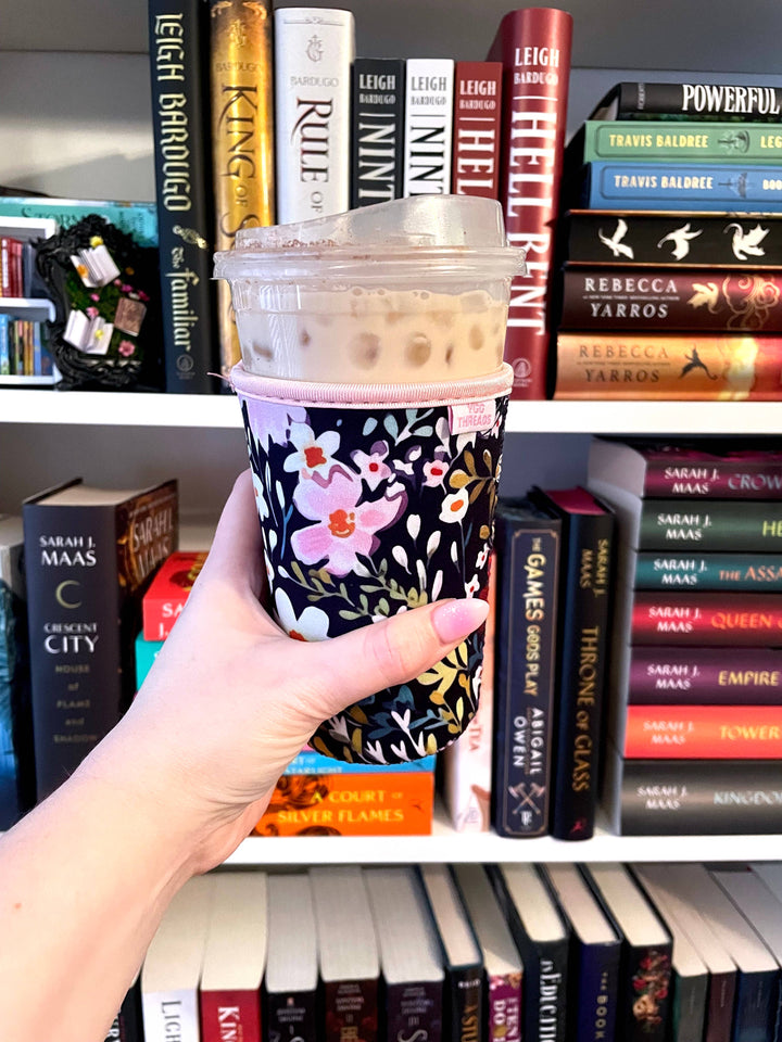 Navy Floral Iced Coffee Drink Sleeve- Medium