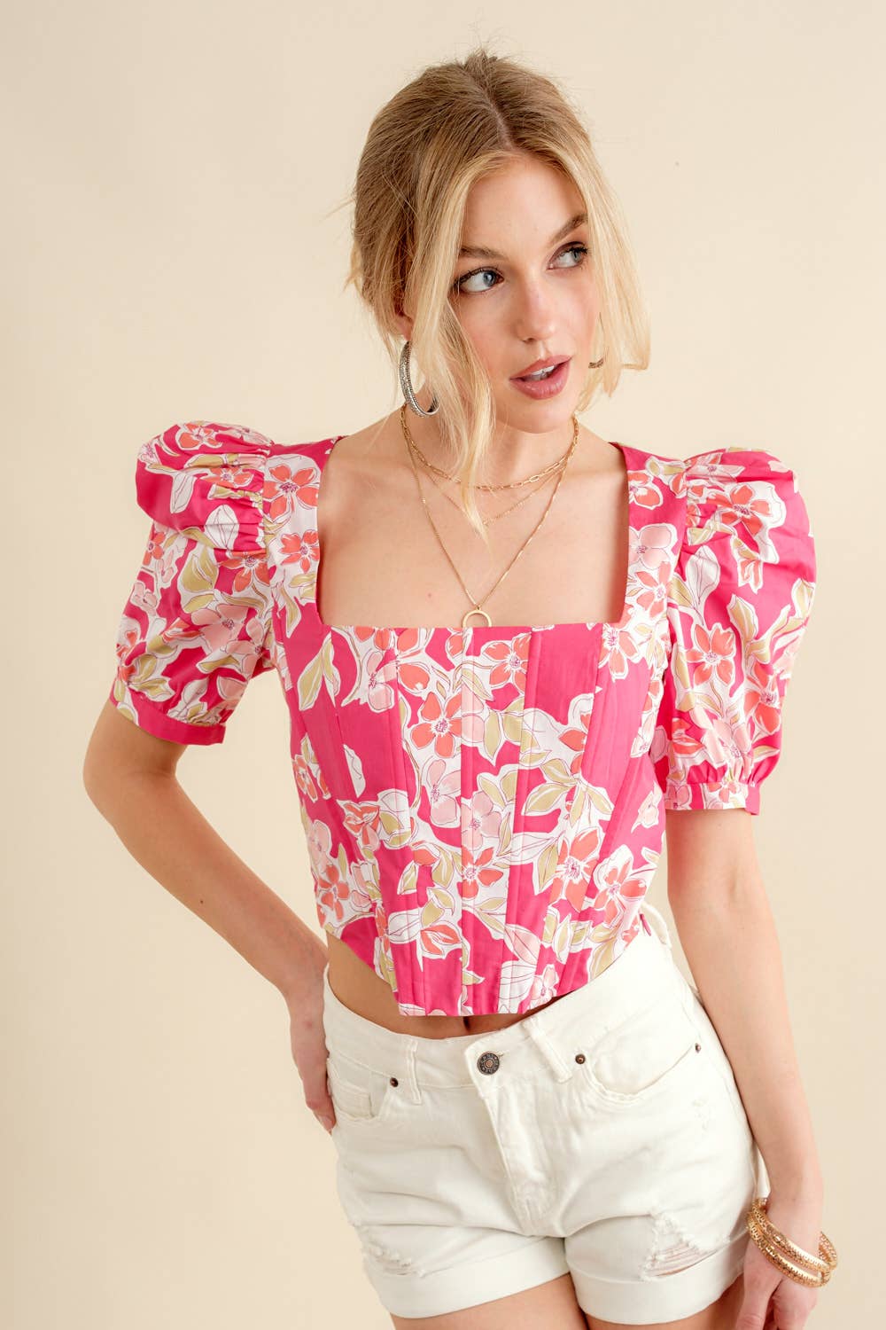 Poppi Cotton Tropical Floral Print Smocked Top