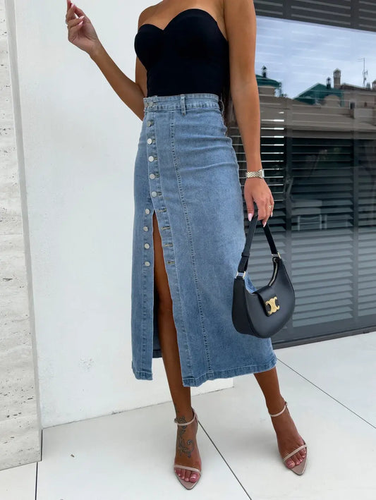 Long denim skirt with buttons